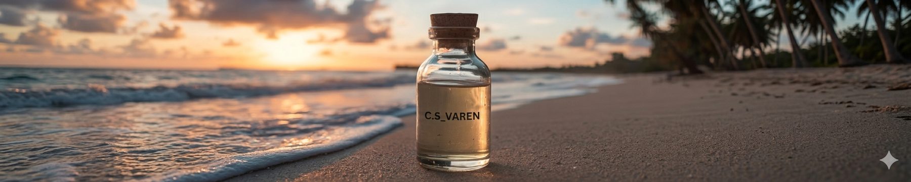 Bandeau : la bouteille C.S_VAREN posée sur une plage au couchant.