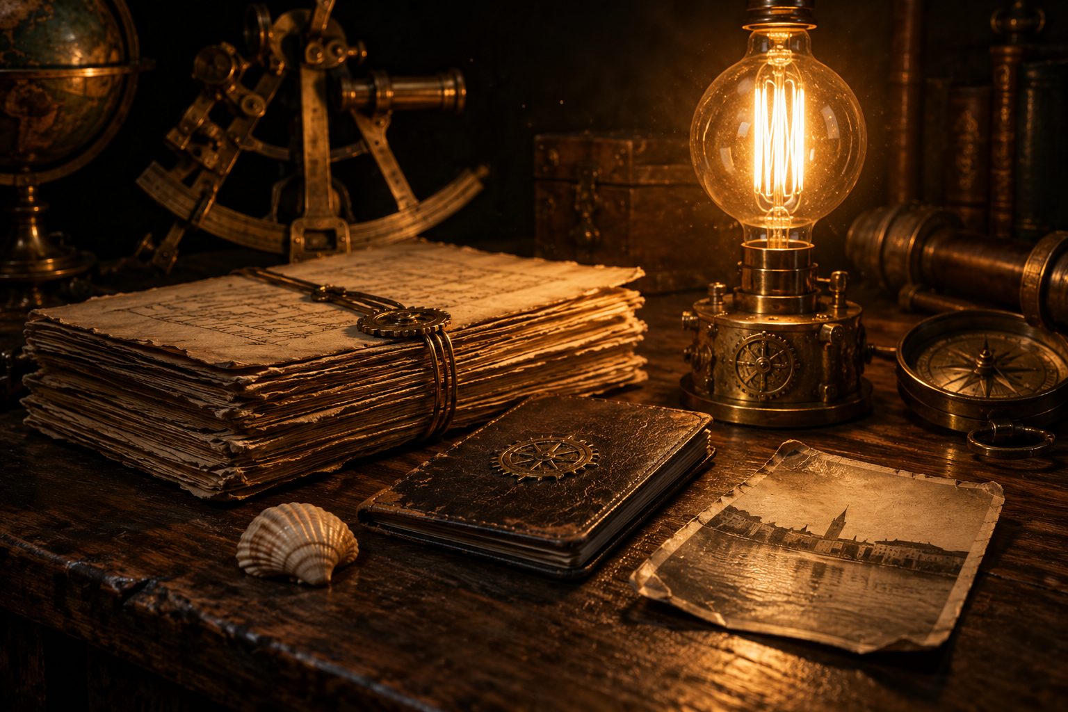 Sur un bureau de bois : une liasse ficelée d'un rouage, un carnet de cuir, un coquillage, une photographie ancienne, un sextant.