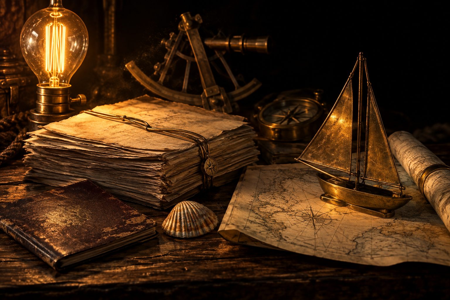 Le même bureau : la liasse, une carte marine, un voilier de laiton, le coquillage.