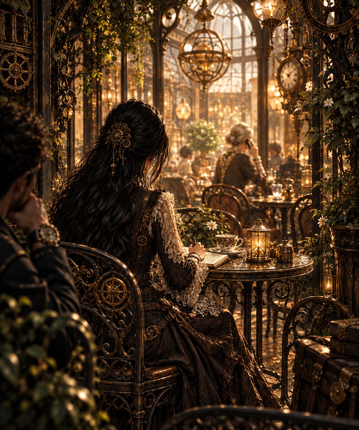 Sous la verrière d'un café, une femme aux longs cheveux noirs écrit, de dos ; au premier plan, un homme la regarde.