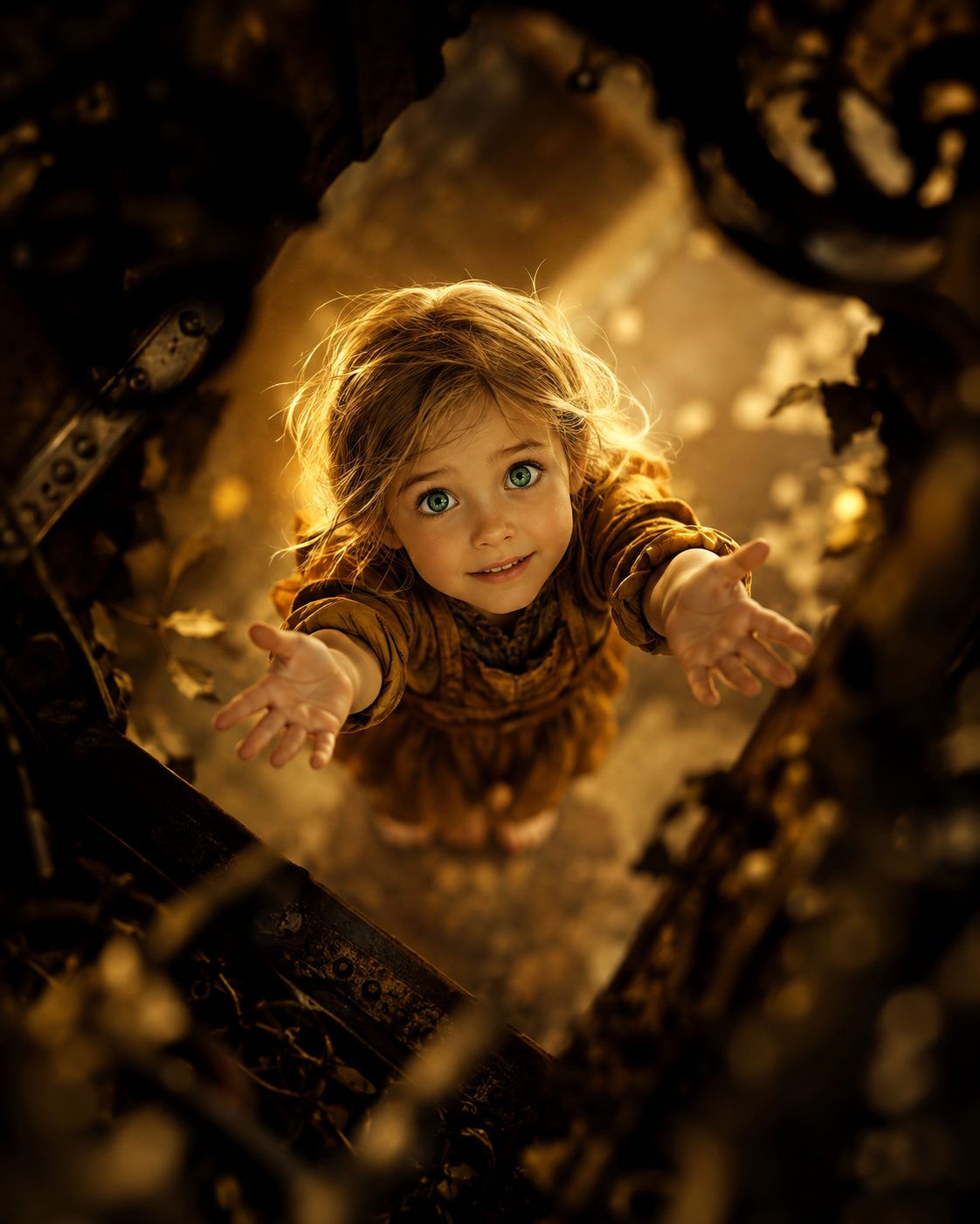 Une enfant lève les yeux et tend les deux mains vers celui qui la regarde d'en haut.