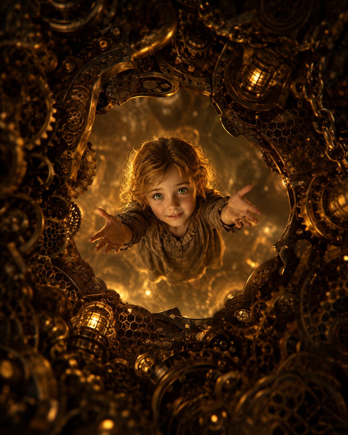 La même enfant, vue à travers un anneau de rouages et de lanternes.