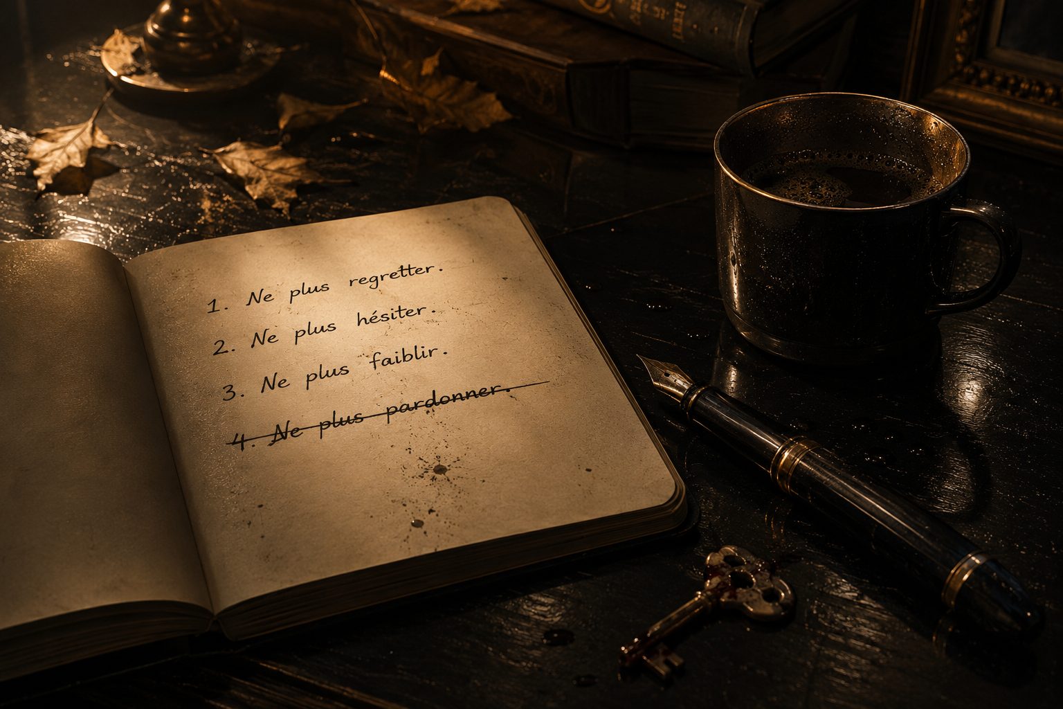 Un carnet ouvert : 1. Ne plus regretter. 2. Ne plus hésiter. 3. Ne plus faiblir. 4. Ne plus pardonner — rayé. Un stylo, une clé, un café.