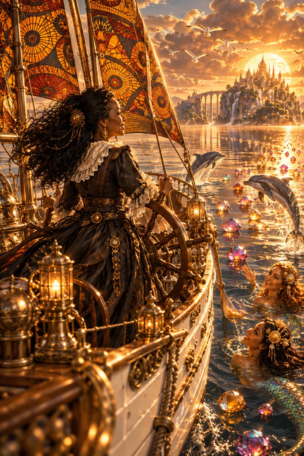 Une femme à la barre d'un voilier aux voiles ornées ; des dauphins, des sirènes et des cristaux flottants sous un soleil couchant.