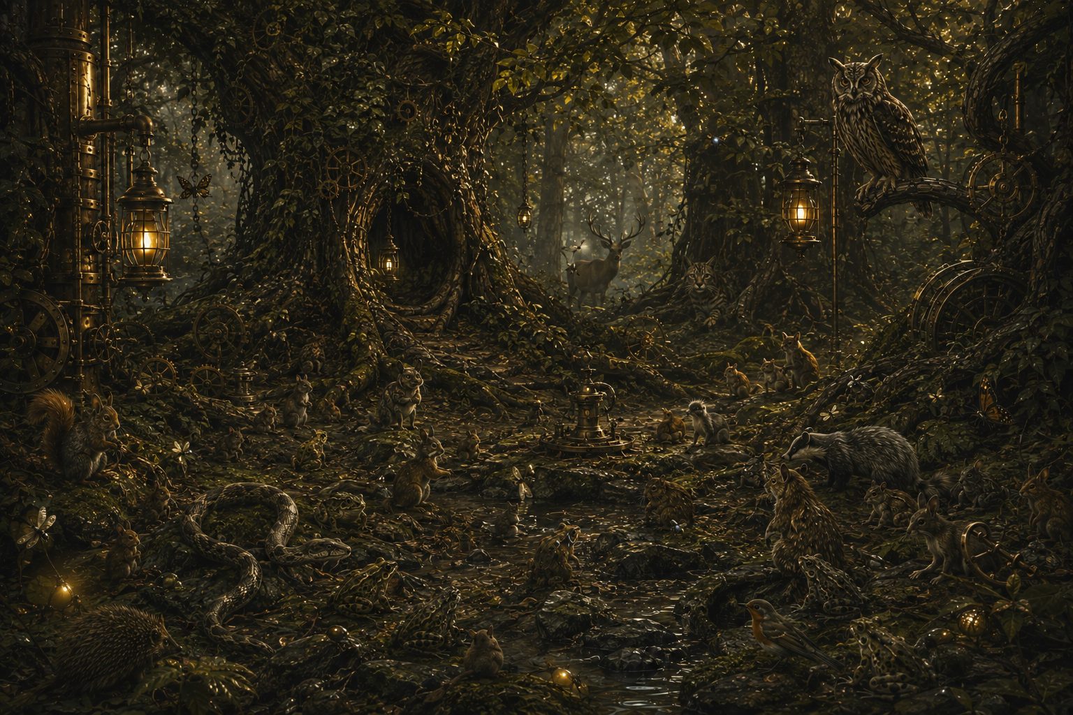 La forêt aux lanternes : hibou, cerf, chat, écureuils et grenouilles rassemblés autour d'une fontaine de laiton.