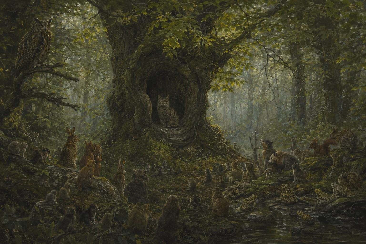 Une clairière sombre où des animaux de la forêt se rassemblent devant un tronc creux.