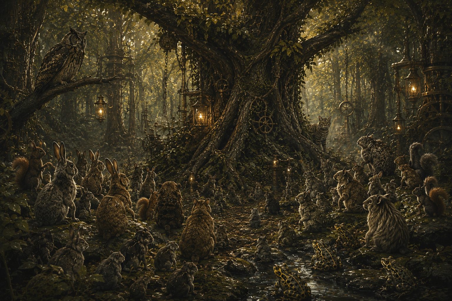 La même clairière, reprise : lanternes de laiton et rouages accrochés aux arbres.