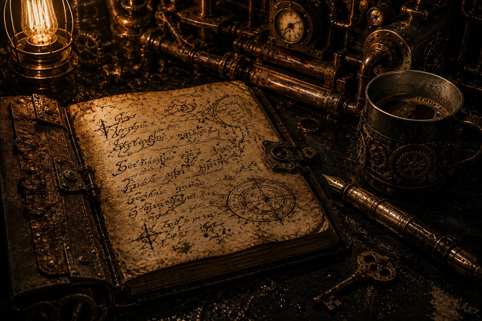 Un grimoire ouvert sous une ampoule à filament, couvert d'une écriture illisible et de cercles tracés à l'encre ; une plume, une clé, une tasse.
