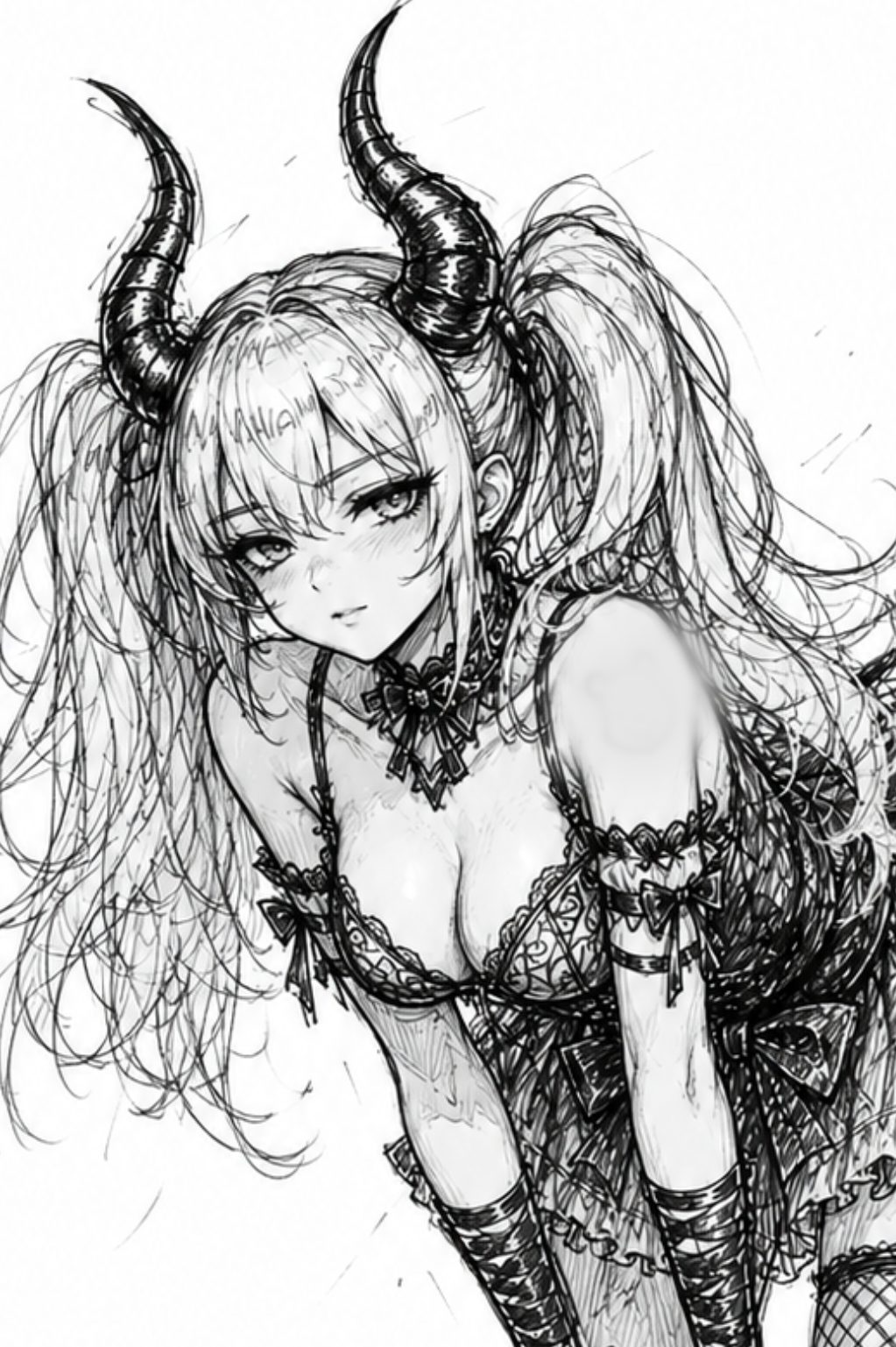 Le succube en gros plan, épaule nue et corset de dentelle.