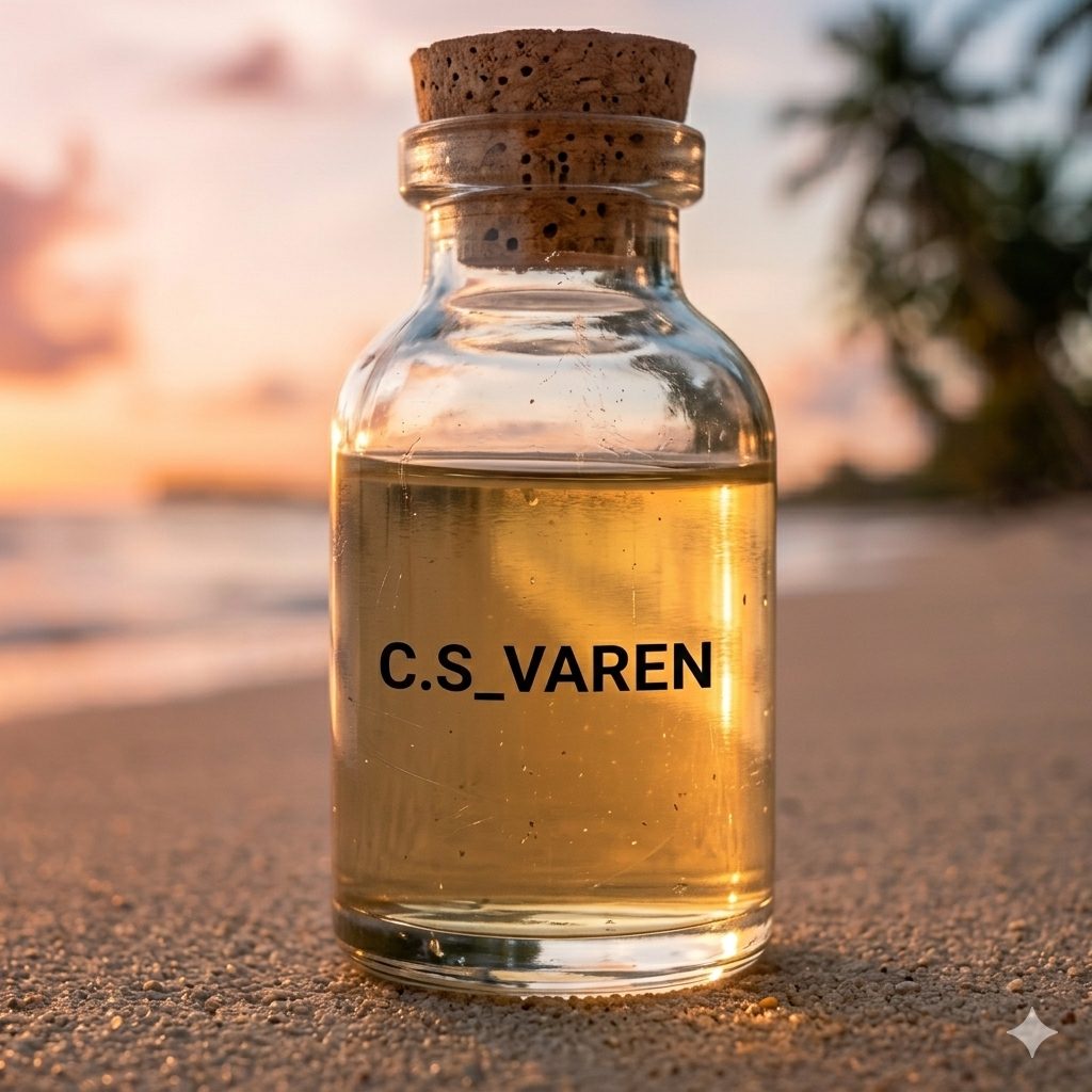 La bouteille C.S_VAREN, bouchée de liège, sur le sable.