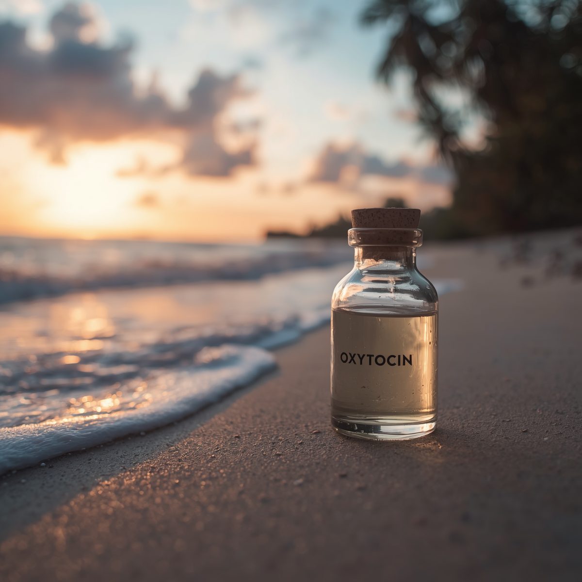 Un flacon d'ocytocine posé sur le sable, à la lisière de l'écume, au couchant.