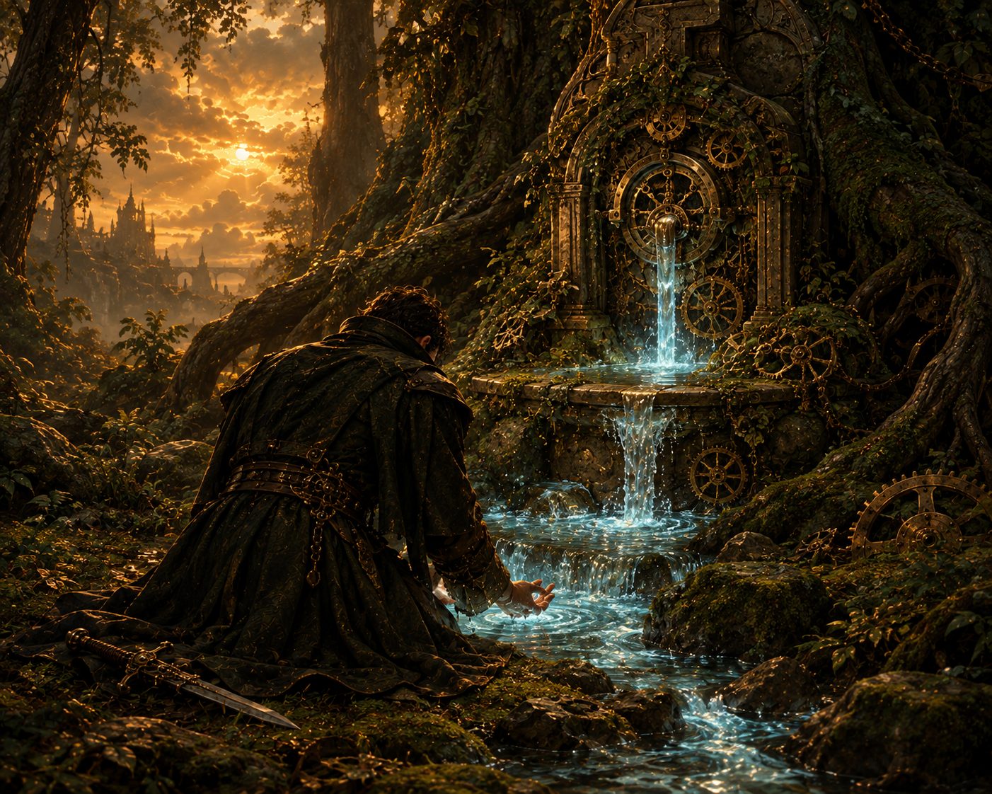 La fontaine à rouages dans les racines, l'homme agenouillé, les mains dans l'eau bleue ; l'épée posée dans la mousse.