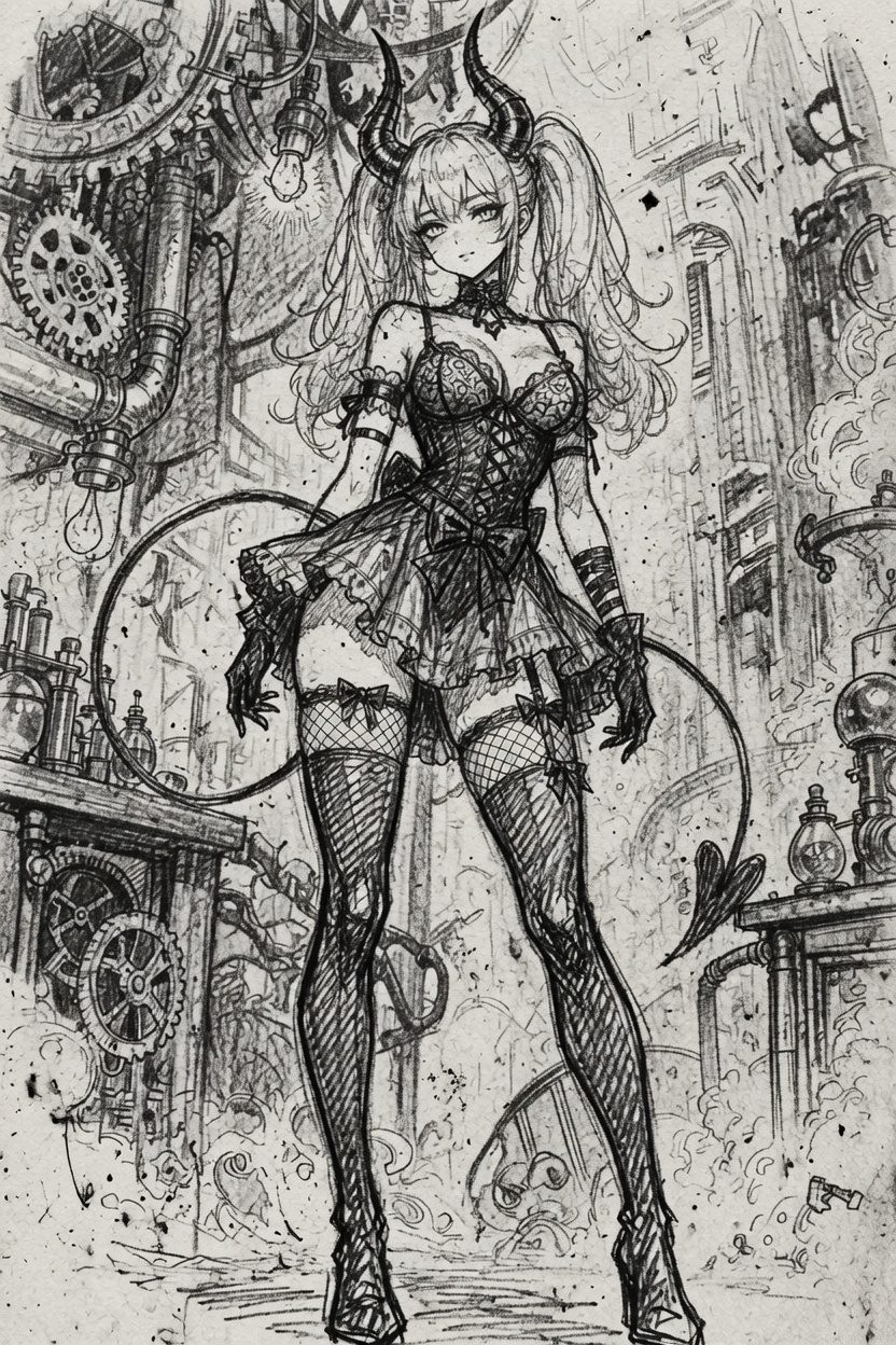Un succube cornu dessiné au crayon, debout dans un atelier de rouages et d'alambics.
